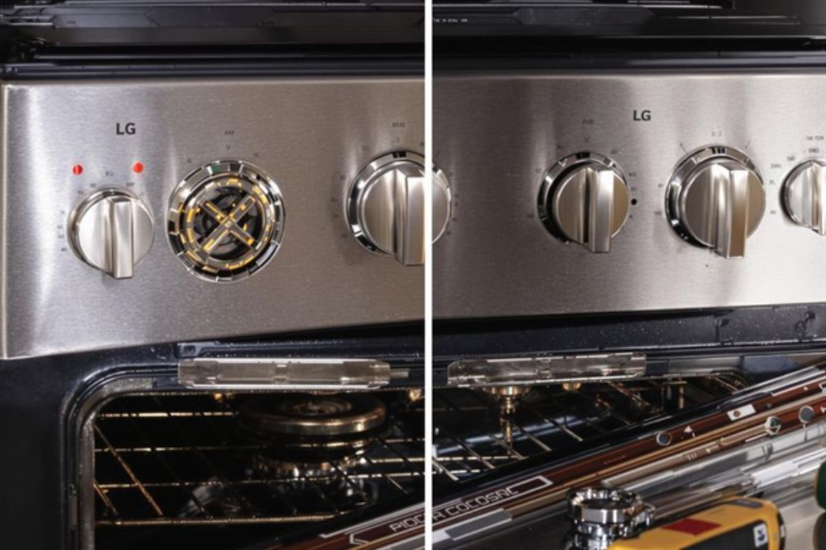 A stove showcasing two distinct views of the same oven, highlighting its features for appliance repair service.